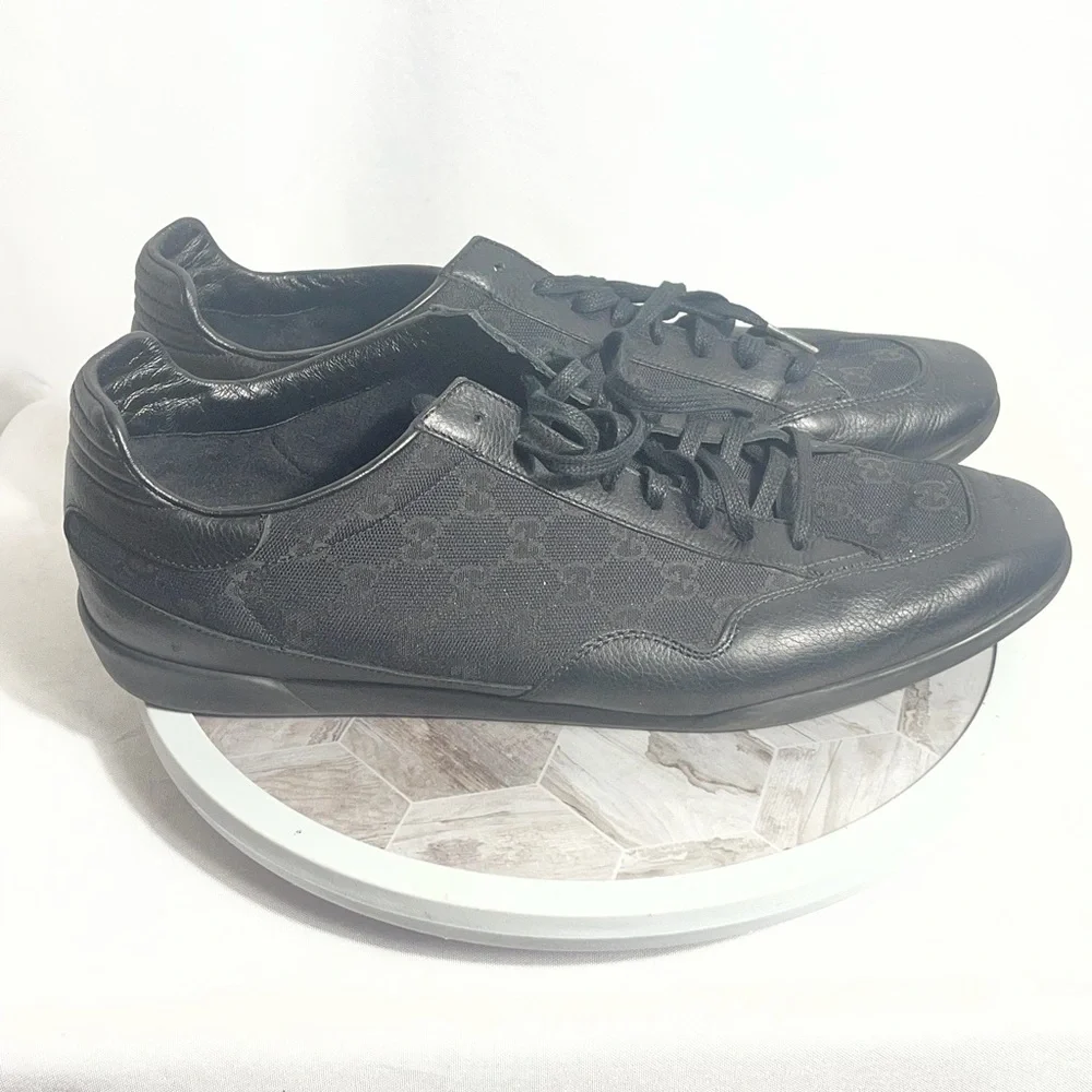 Gucci Black GG Canvas Leather Lace Up Sneakers Shoes Size 12 G